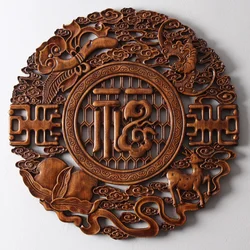 Wood Carving Pendant Craft Round Chinese Living Room Decorative Painting Background Wall Hollow Hanging Statues and Sculptures