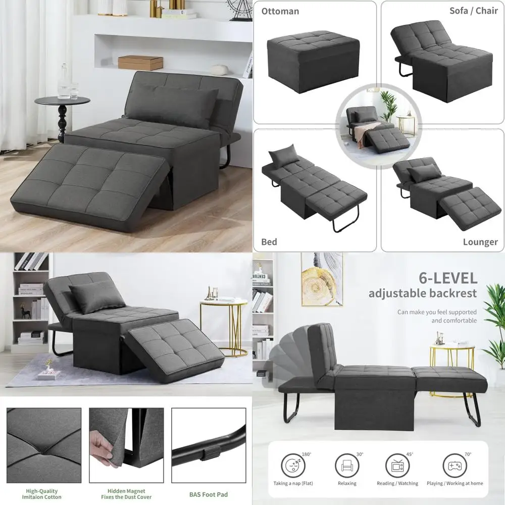 

Multi-Function Folding Ottoman Sofa Bed with Breathable Linen and Adjustable Backrest, Modern Convertible Couch