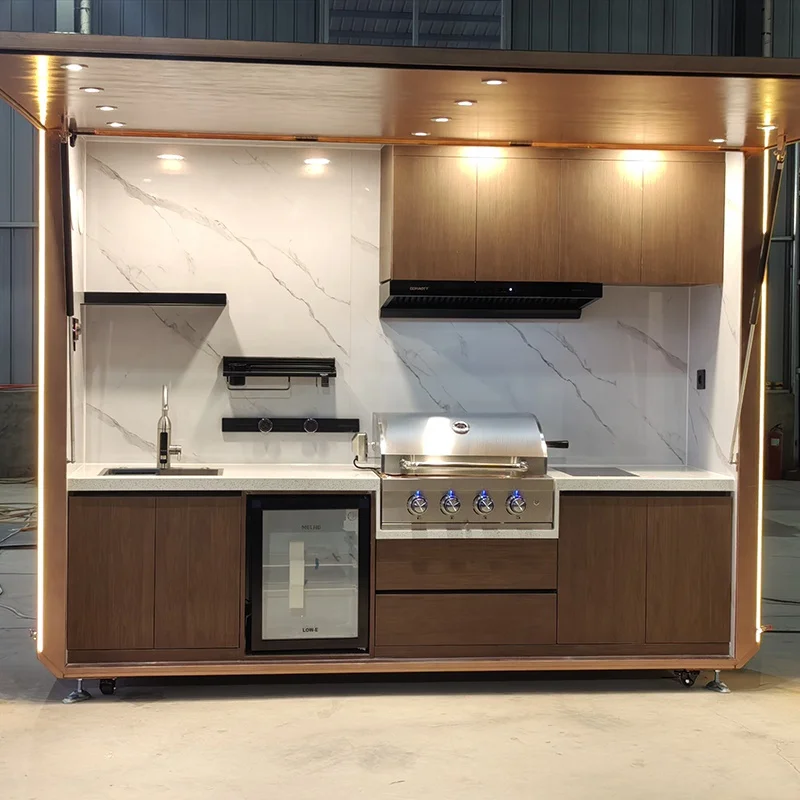 Portable Outdoor Mobile Kitchen Station BBQ Grill Combo Gas Range Hand-Wash Sink Storage Shelf Garden Villa Parties