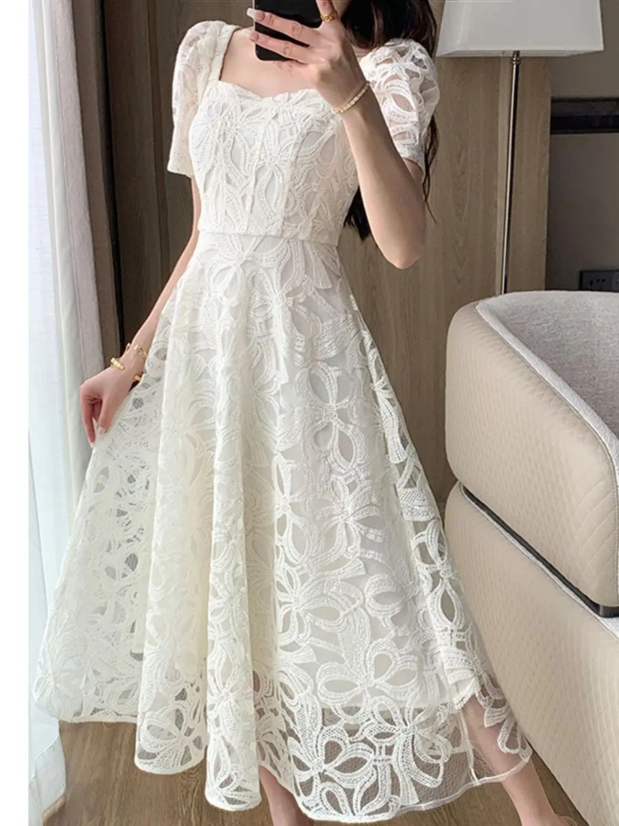 Large lace dress, summer French style, gentle style, square neck, bubble sleeves, long  vestido feminino  LOOSE FIT