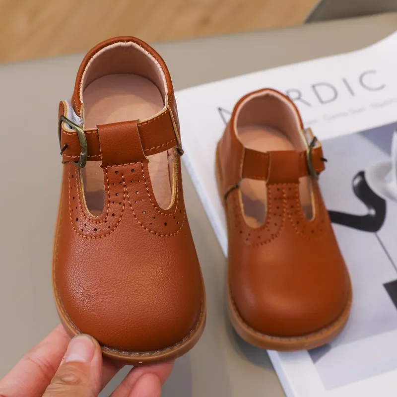 2024 Nieuwe Kinderen Mary Jane Schoenen Britse Stijl T-Strap Drie Kleuren Vintage Kleine Meisjes Leren Schoenen School Kids Flats Boys