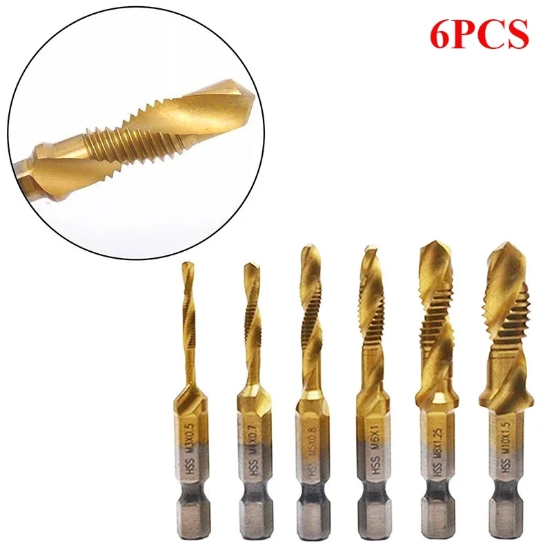 

6Pcs 1/4" Hex Shank Titanium Drill Tap Combination Bit Set Metric Thread M3 M4 M5 M6 M8 M10 Taps Tool Metal Attachment Tools