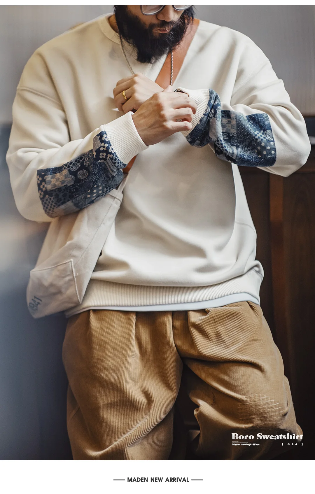 Boro Patchwork Sweatshirt — Japanese-Inspired Sashiko Sleeve — Brown & Cream Se8a5e4caaca349e3911bffe34a350dc0i