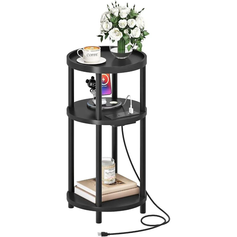 

Small Round Side Table with Charging Station, 3-Tier Round Bamboo End Table, Compact Sofa Bedside Table for Small Space