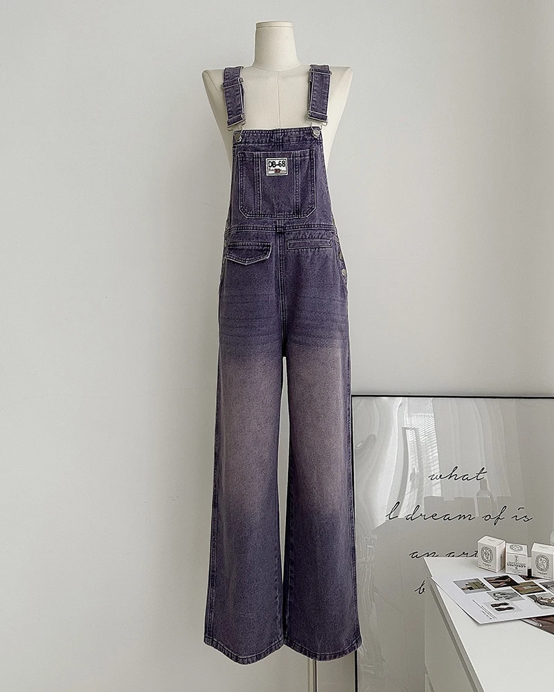 American Style Women Purple Strap Overalls Retro Straight Loose Gradient Wide Leg Denim Jumpsuit Pants Female Suspender Jeans