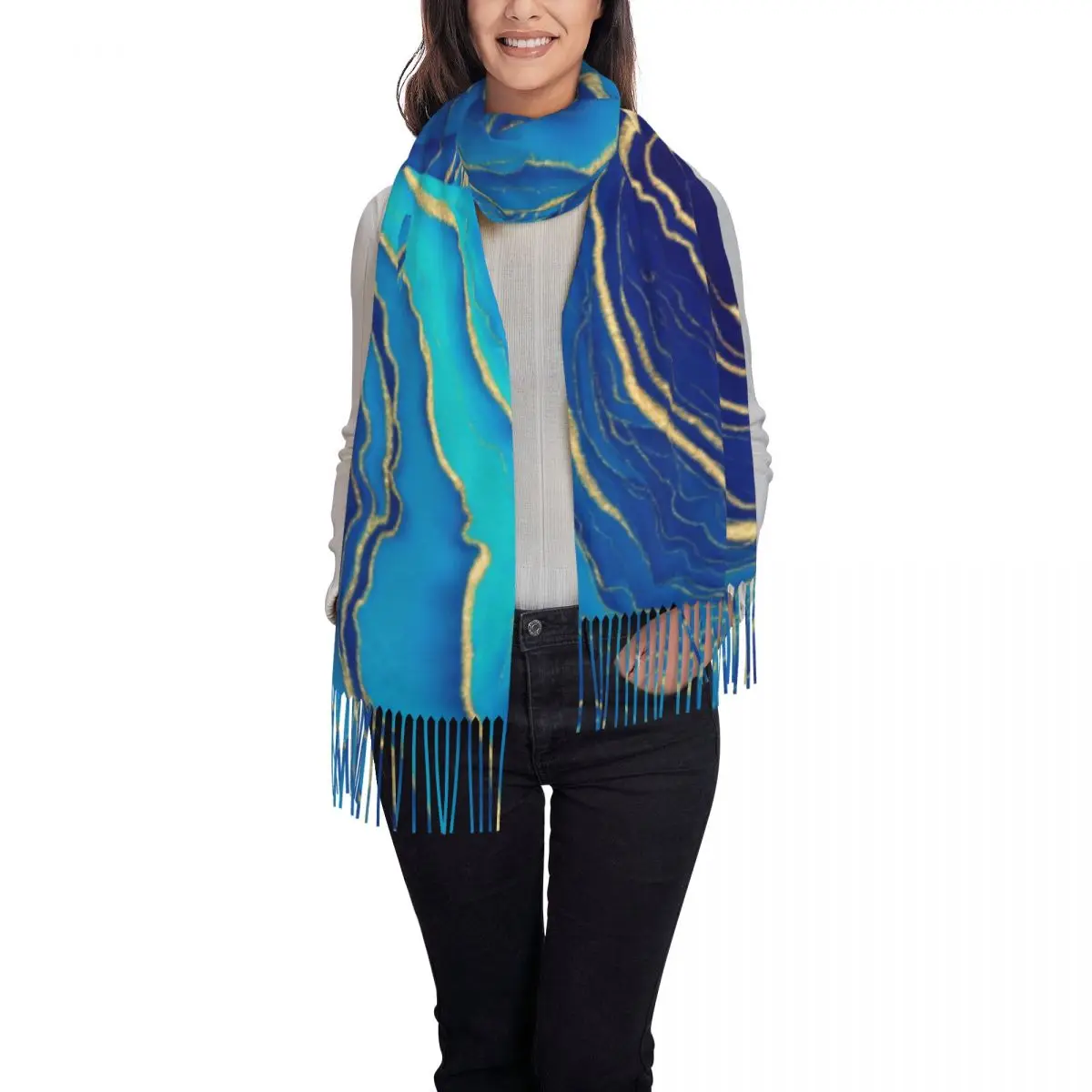 Blue And Gold Liquid Scarf Marble Abstract Art Warm Shawl Wraps with Tassel Lady y2k Cool Scarves Wraps Autumn Designer Bandana