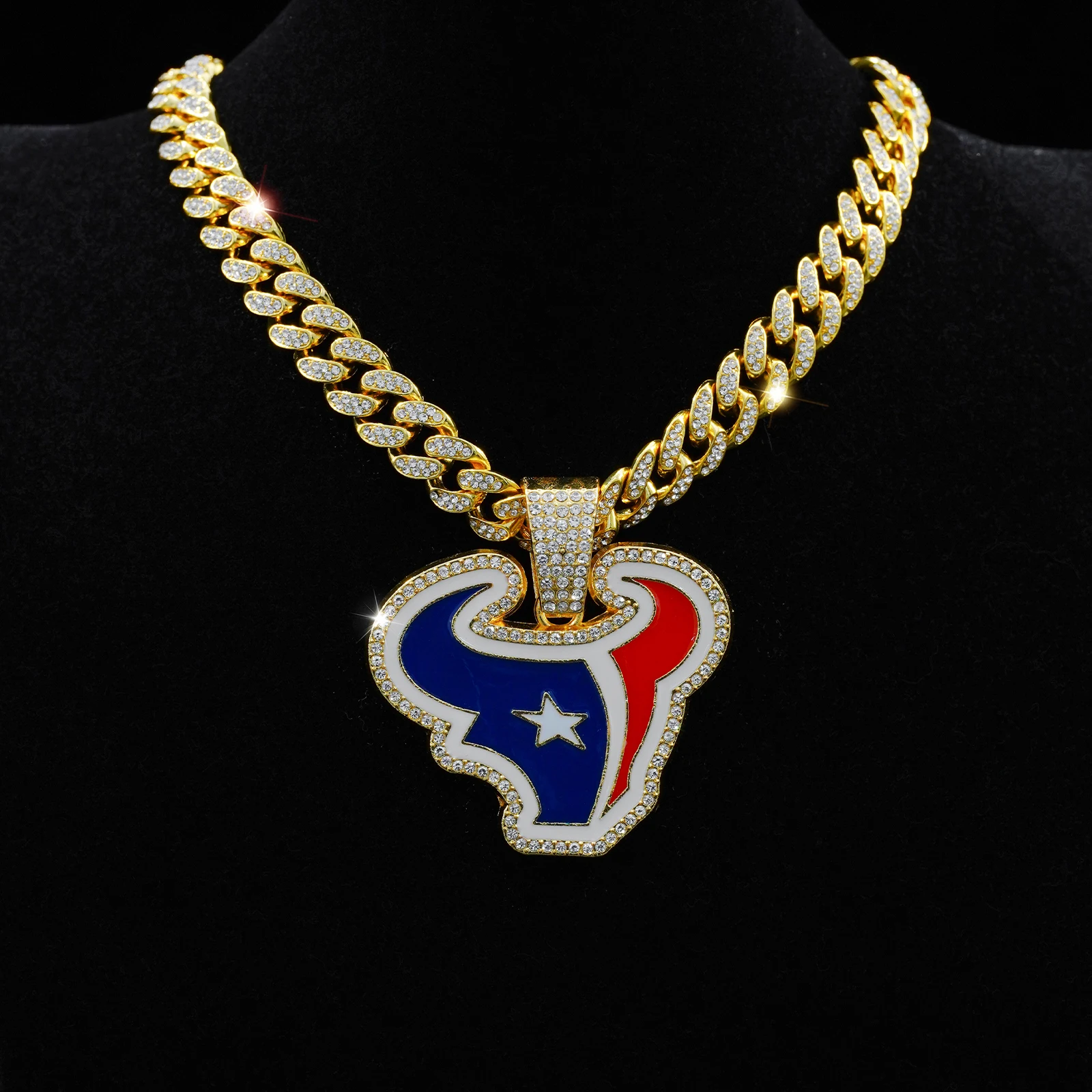 Gold Plated Full Rhinestone HOUSTON TEXANS GEM Pendant Silver Bling Football Necklace Hip Hop Cuban Chain