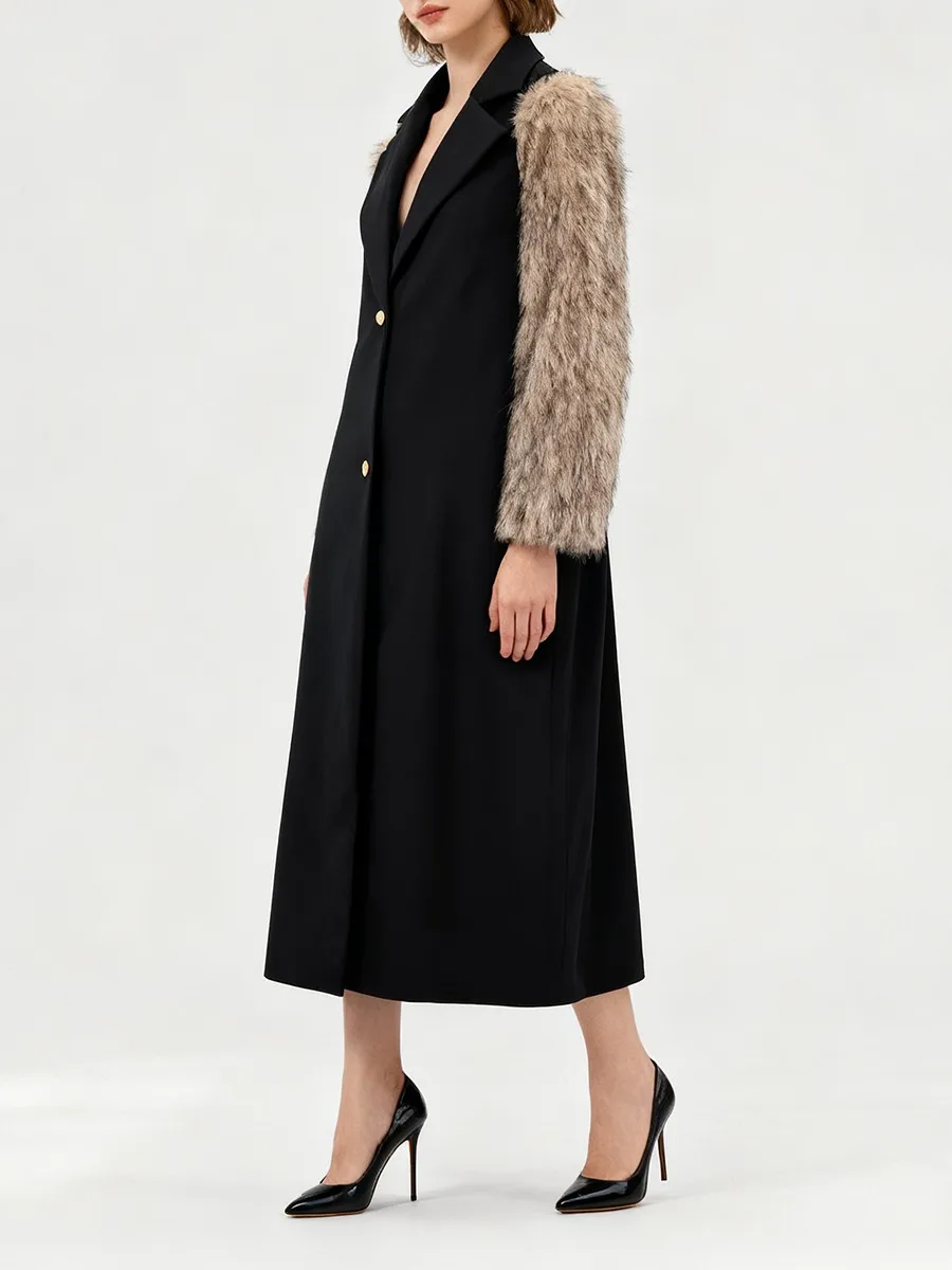 TWOTWINSTYLE Hit Color Spliced Fur Temperament Coats for Women Lapel Long Sleeves Patchwork Single Breasted Coat Female Clothing