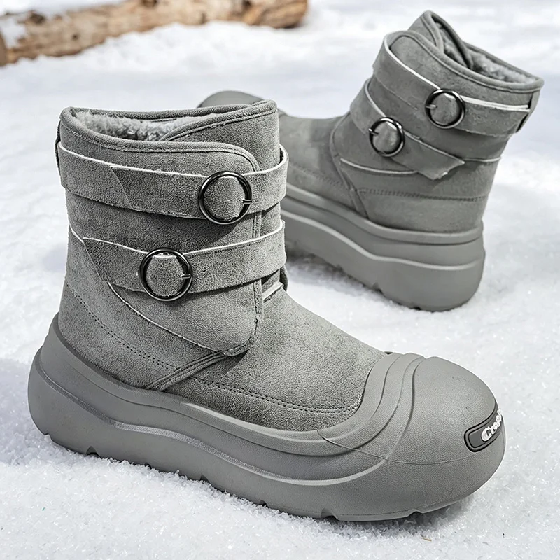 Unisex Winter Boots Double Buckle Straps Warm Plush Lined Snow Boots Round Toe Thick Sole Khaki Grey Short Boots Footwear