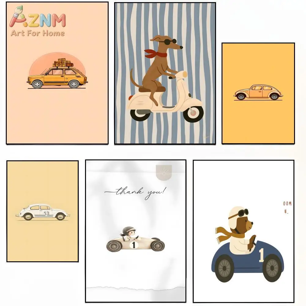 AZNM Cartoon Retro Car Dog Riding Scooter Race Car Canvas Print Neutral Warm Tone Cute Animal Vehicle Unframed Canvas Wall Art B