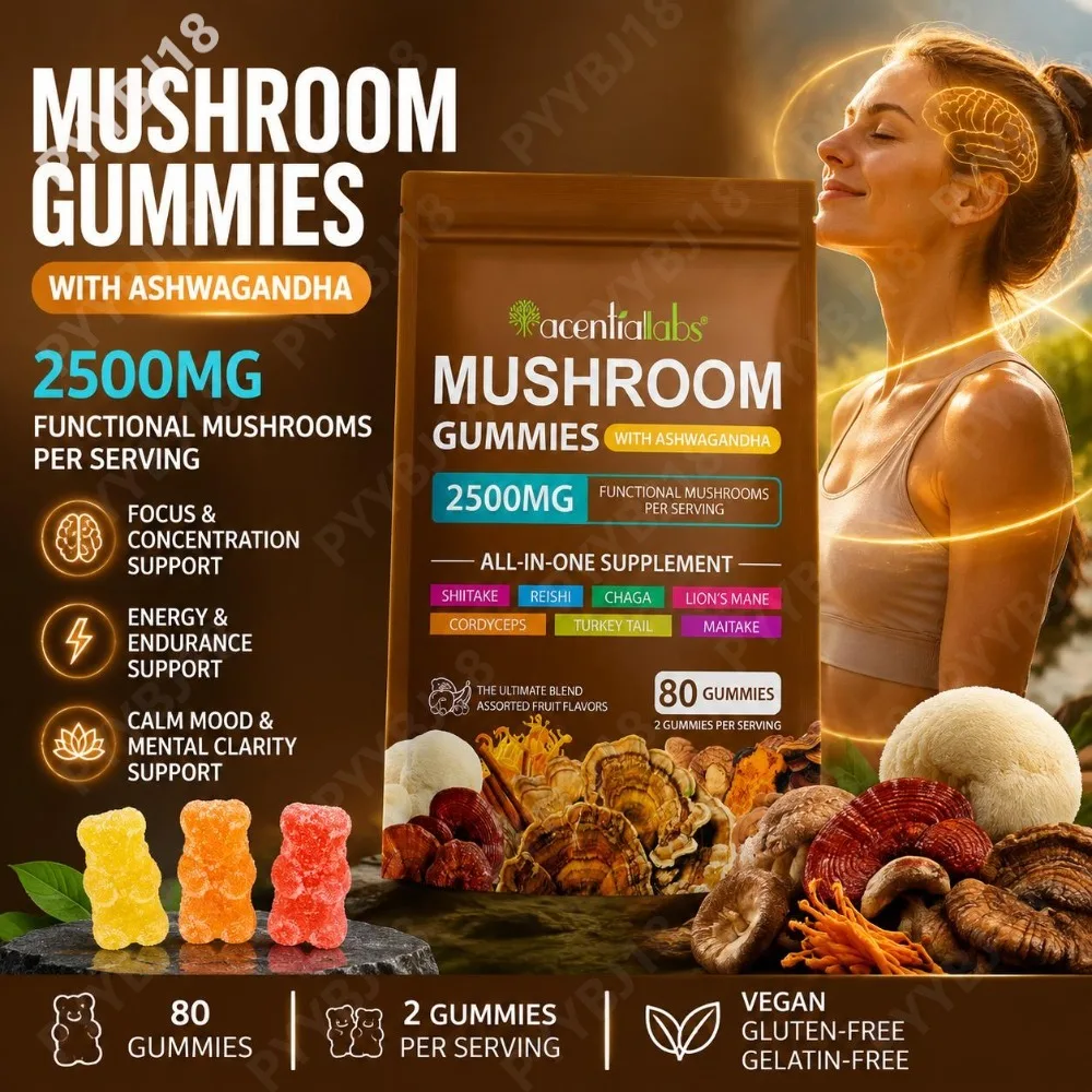 AcentiLabs Mushroom Gummies Ashwagandha Lion's Mane Reishi and Functional Mushroom Blend Focus Energy & Immune Support 80 Count