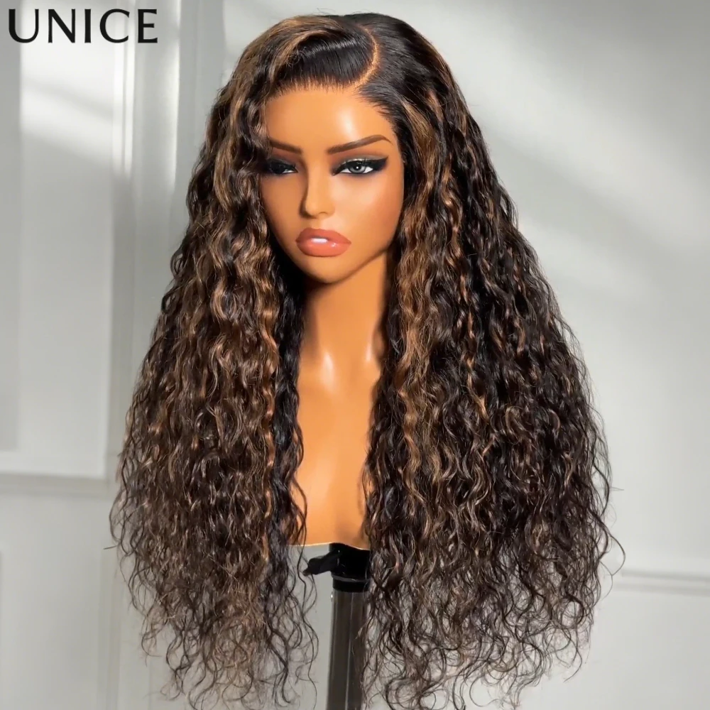 

UNice Golden Brown Highlights Water Wave Wig Side Part 7x5 Lace Glueless Wig Human Hair Ready To Wear 150% Density
