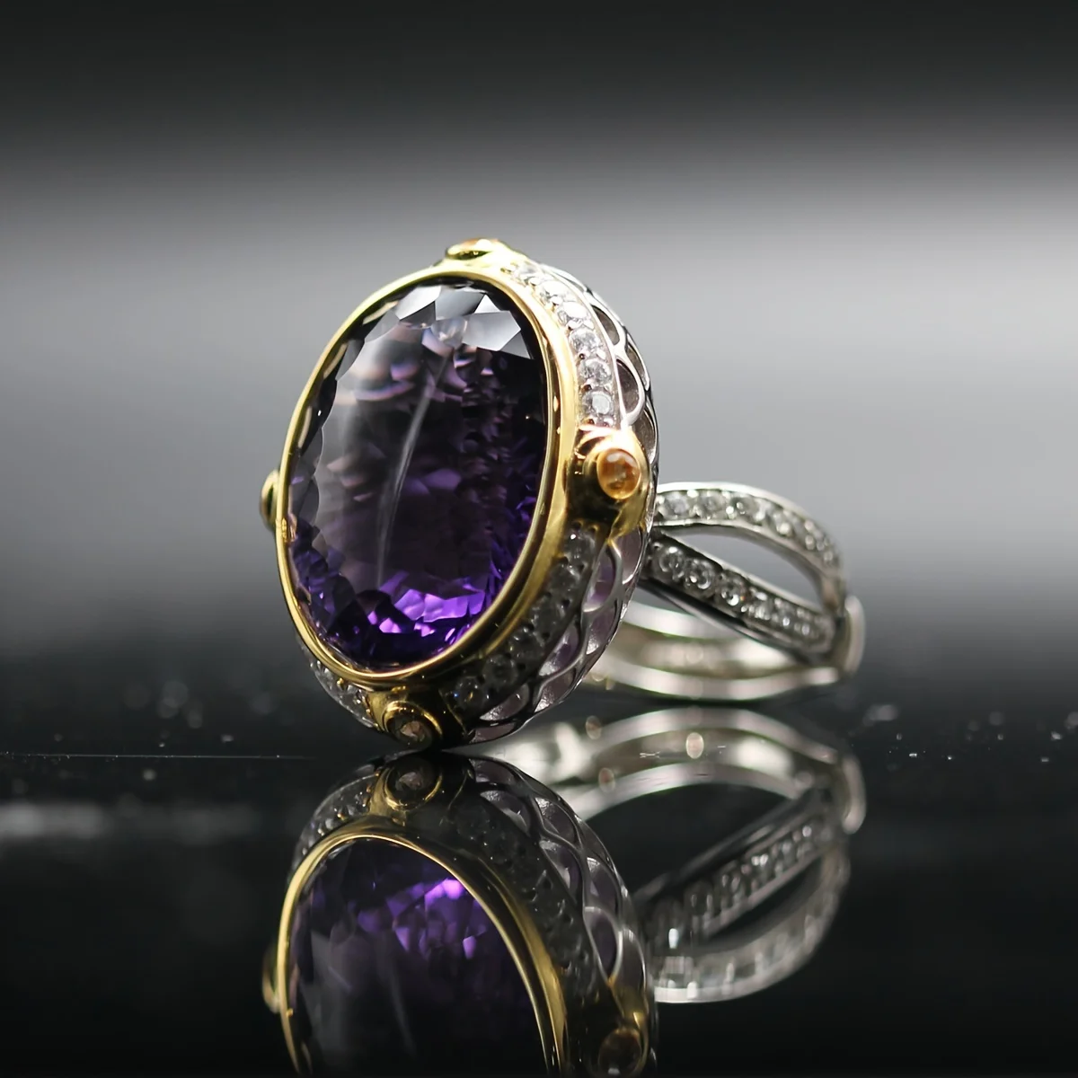 

BRIOUS- Italian Two-Color Craft S925 Silver Inlaid Amethyst Oval RingS Luxury Niche Adjustable Ring