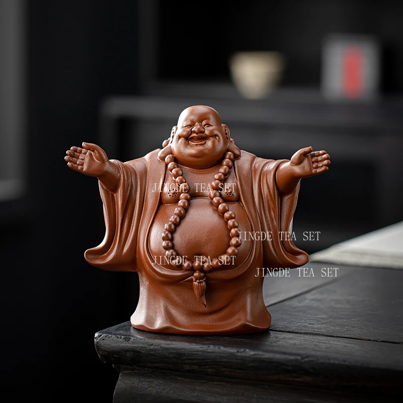 Purple Clay Tea Pet Household Wealth Attraction Maitreya Buddha Ornament Office Tea Table Handicraft Decoration Tea Playing