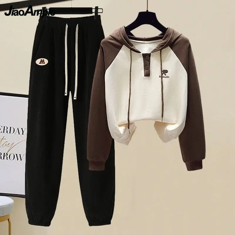 2024 Winter New Fashion Plush Warm Sportswear Suit Women\'s Korean Loose Color Contrast Hooded Sweater Chenille Pants Two-piece