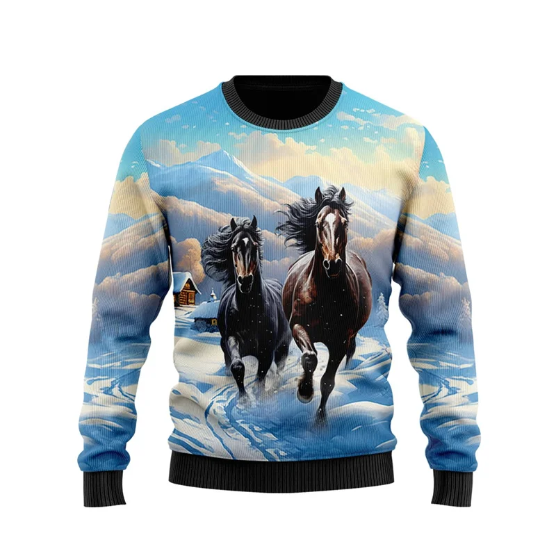 2024 Autumn Horse Graphic Sweatshirts Harajuku Fashion Unisex Long Sleeve Pullovers Casual Woemn Sweater Xmas Holiday Tracksuit