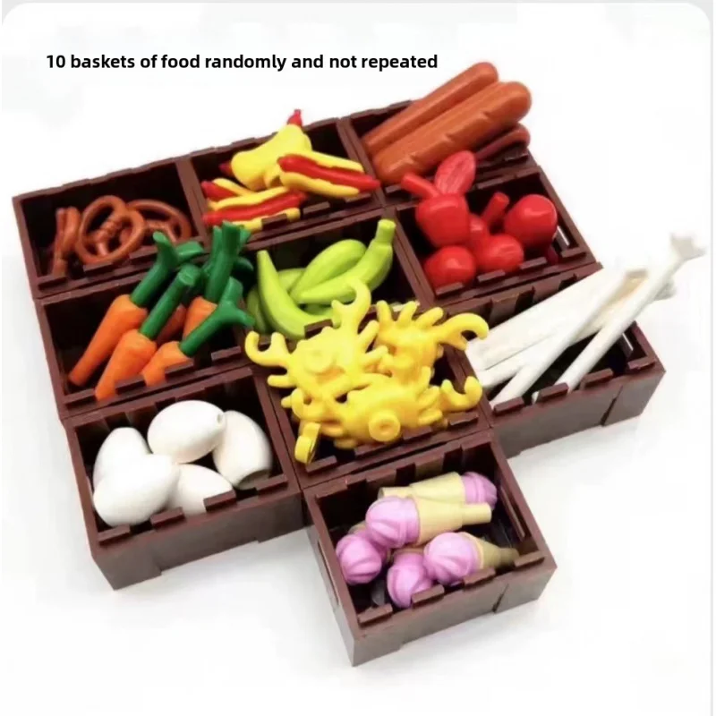 MOCFood – blocs de construction, accessoires, pièces, panier carré avec cadre en bois, Compatible avec petites particules, frites, citrouille, banane