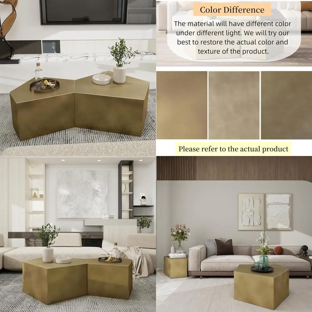 

Необычный пятиугольный современный журнальный столик, старинный золотой медный центральный стол, набор из 2 приставных столиков для гостиной, офиса