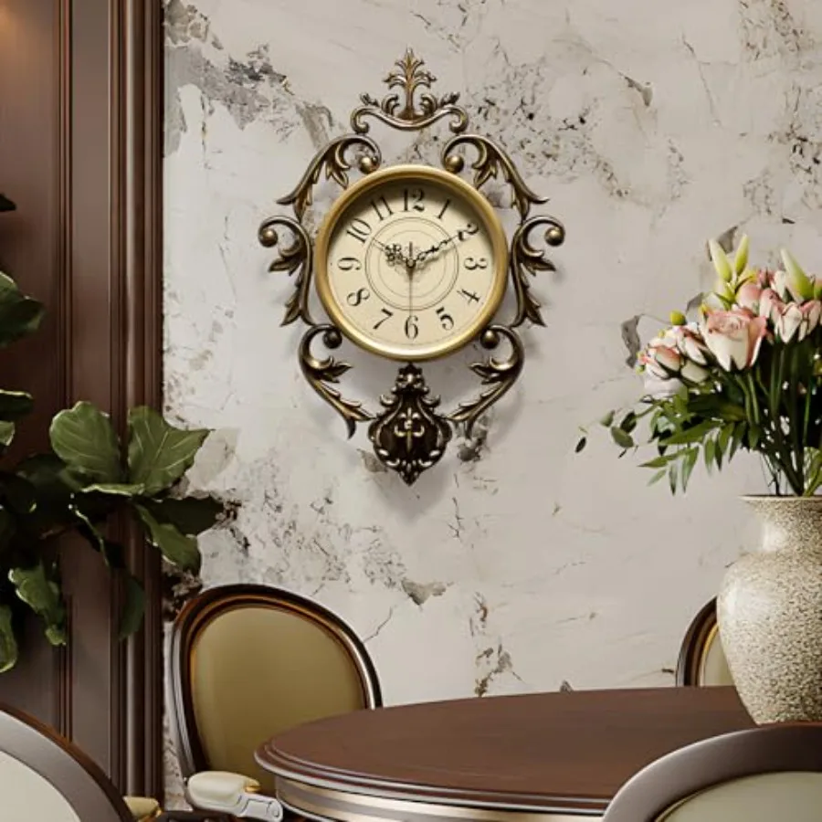 Vintage wall clock for bedroom/living room/kitchen, antique metal, black/bronze, silent battery-operated non-ticking European r
