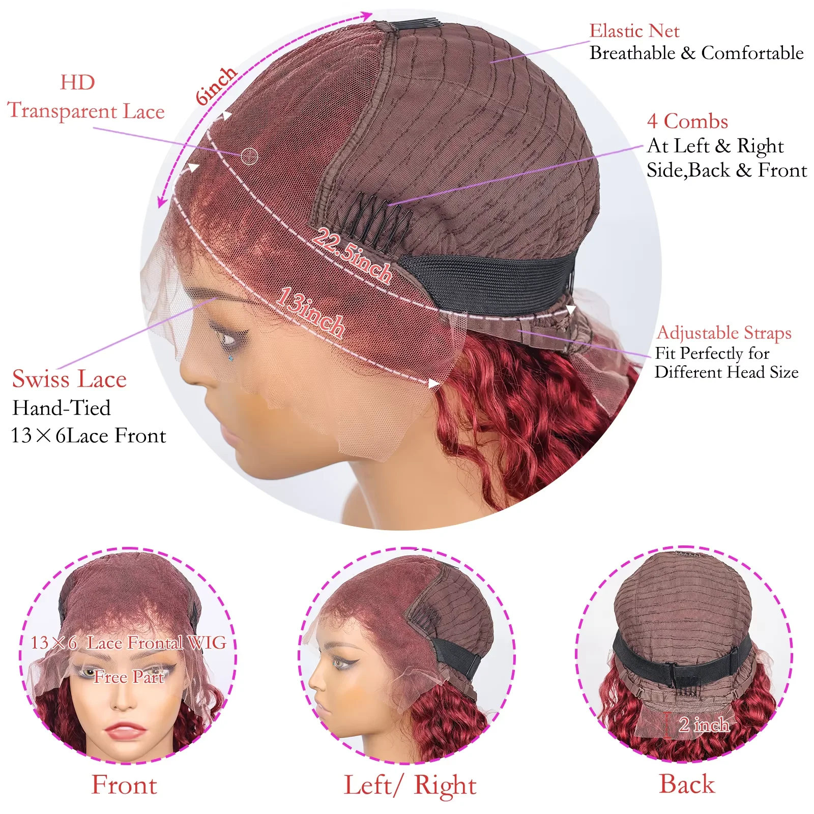 200% Burgundy 13x6 HD Wet And Wavy Lace Frontal Human Hair Wig Brazilian 40 Inch Colored 99j Curly Wigs Deep Wave Lace Front Wig image 6