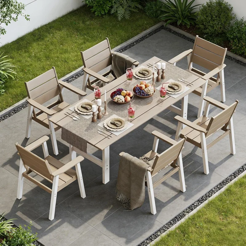 

-Piece White/Brown HDPE Outdoor Dining Set 6, Patio Table & Chairs/ Hole, Fade-Resistant All-Weather Furniture