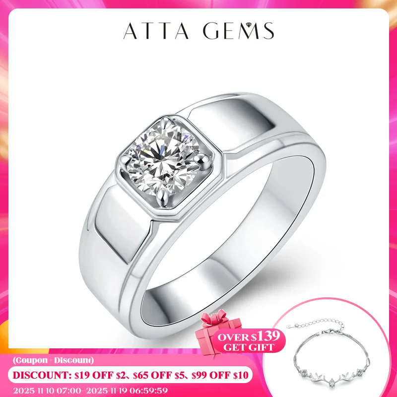 

ATTAGEMS 925 Sterling Silver Moissanite iRings for Men Wedding Silver Diamond Engagement 1.0Ct D Color Moissanite Ring for Men