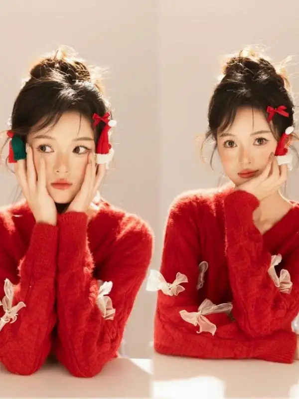 

Милый красный свитер для фотостудии: новогодняя и рождественская тематика, фотопринт, одежда из полиэфирного волокна, модная женская сценическая одежда