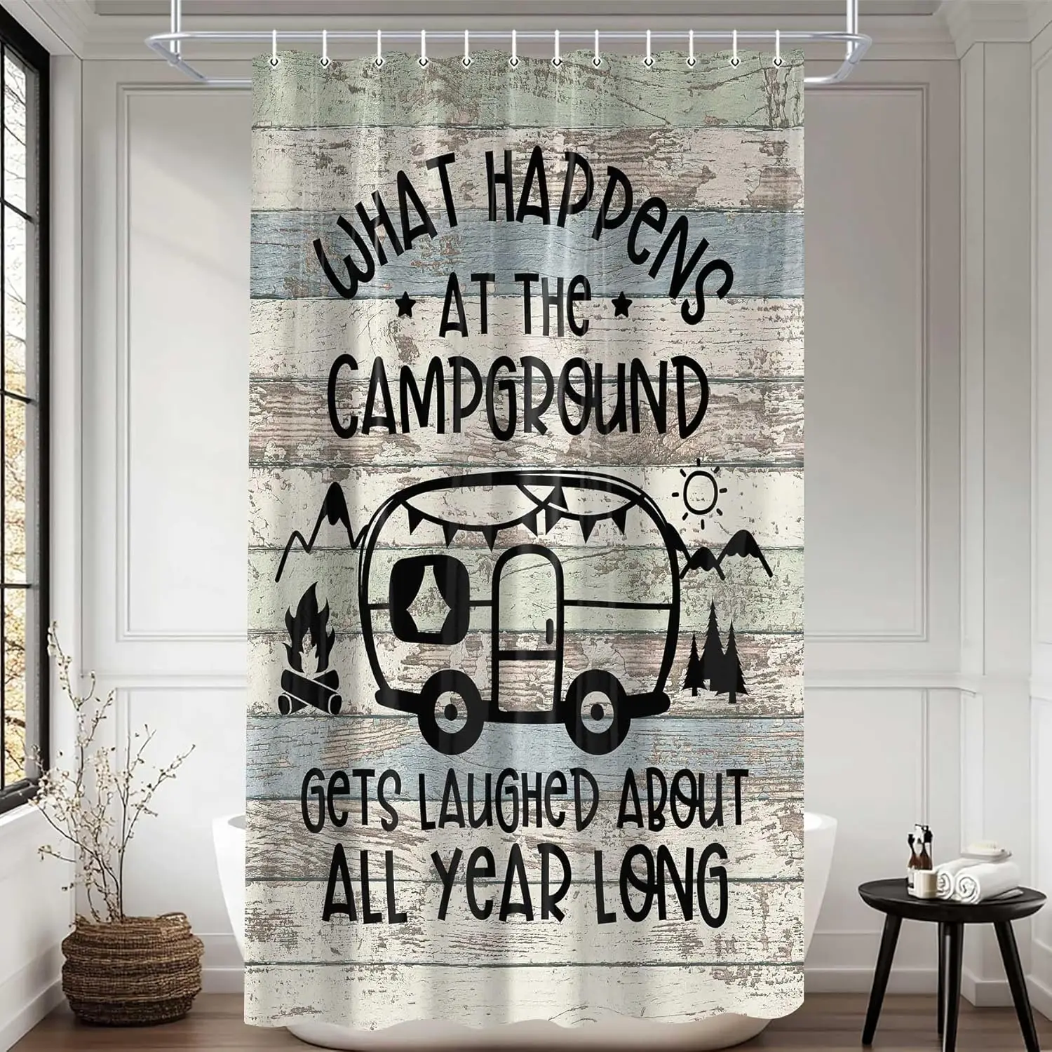 Funny RV Shower Curtain, Retro Rustic Wood Neutral Color Fun Camping Themed Motor RV Bathroom Stall Shower Curtains, Small Short