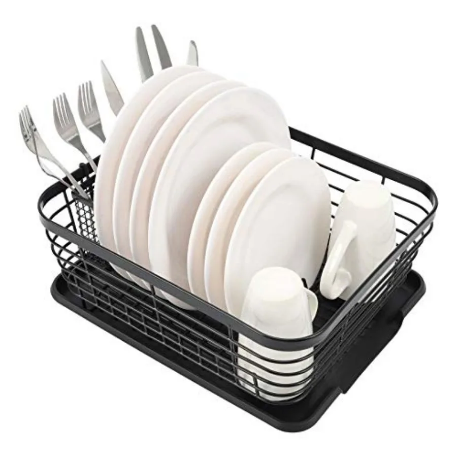 

Kitchen Dish Drainer Rack with Drying Board and Full-Mesh Silverware Utensils Holder in Black for Efficient Drying and Storage