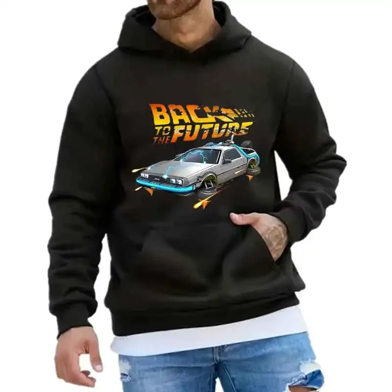 Sweat à capuche rétro avec imprimé de voiture DeLorean, haut à manches longues pour hommes, streetwear décontracté, pull-over, vêtements unisexes pour printemps et automne