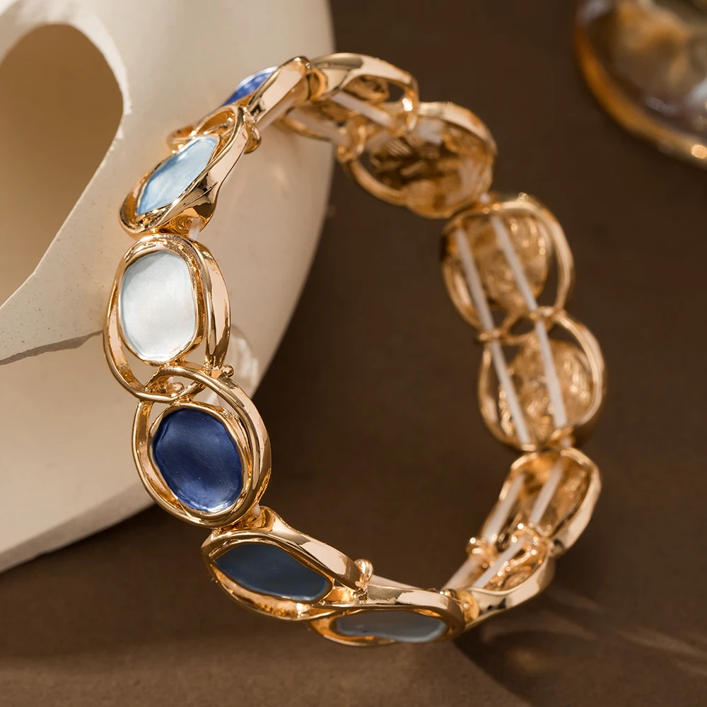 Fashion Blue Geometric Elastic Bracelet Bangle for Women Accessories Trendy Gold Color Bangles Daily Party Prom Jewelry Gifts