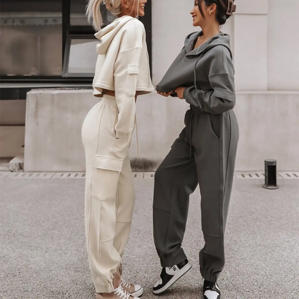 Women's Street Style Long Sleeve Hooded Sports Suit Casual Two-Piece Set with Pockets New from