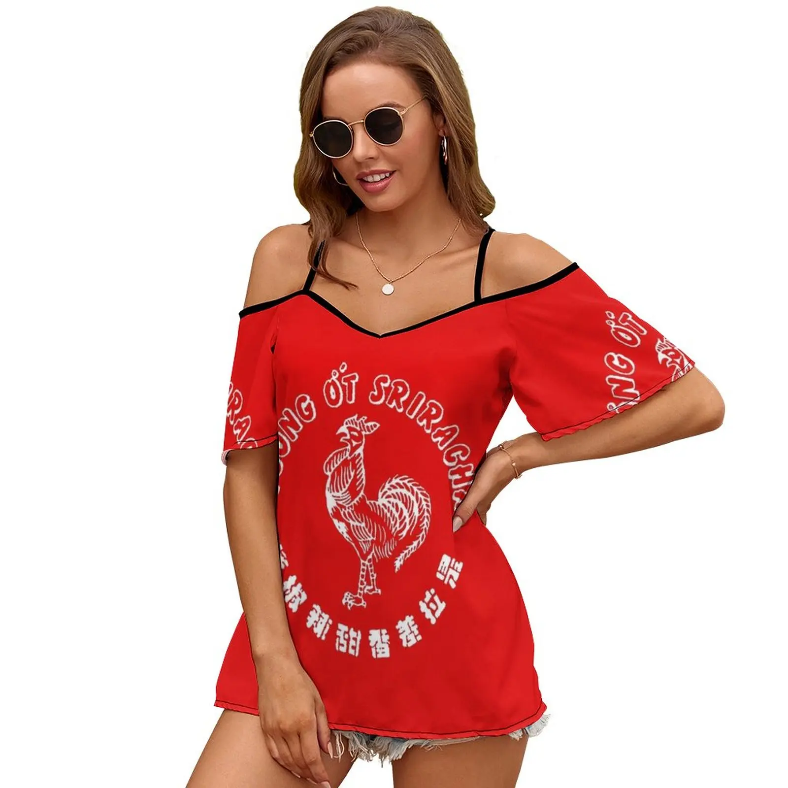 Sriracha Women Short Sleeve Tops O-Neck Hollow Out Shoulder Strap Tees Streetwear Sriracha Chilli Chili