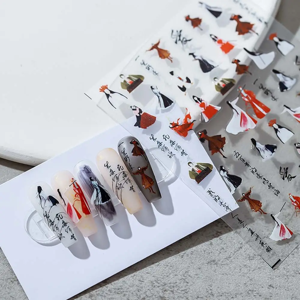 Crane Calligraphy Ink Fan Antiquity Style Flowers Nail Decals Manicure Accessories Chinese Nail Stickers Nail Art Decorations