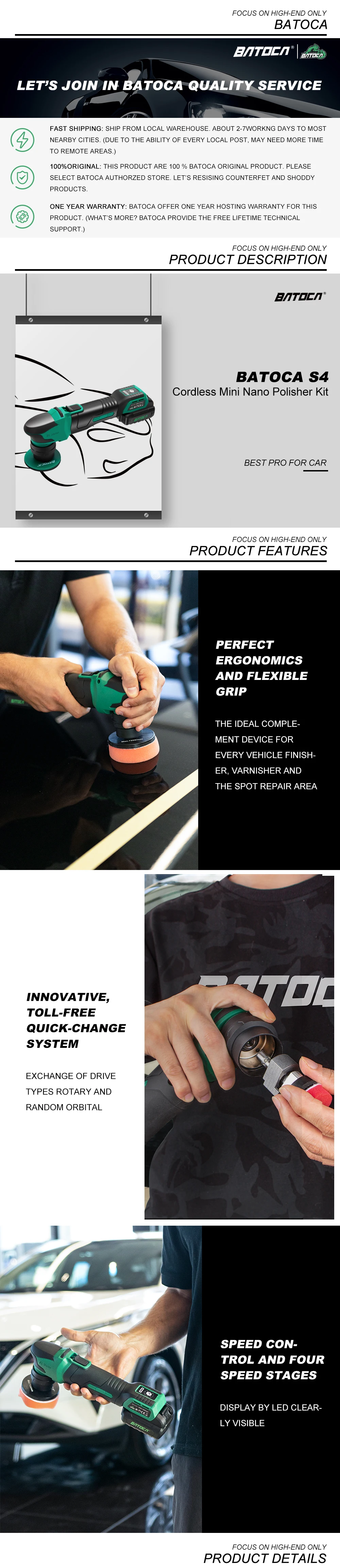 BATOCA S4 Cordless Car Polisher Mini Nano Wireless Polishing Machine Kit Quick Change Heads Brushless Motor 3/12mm Orbital