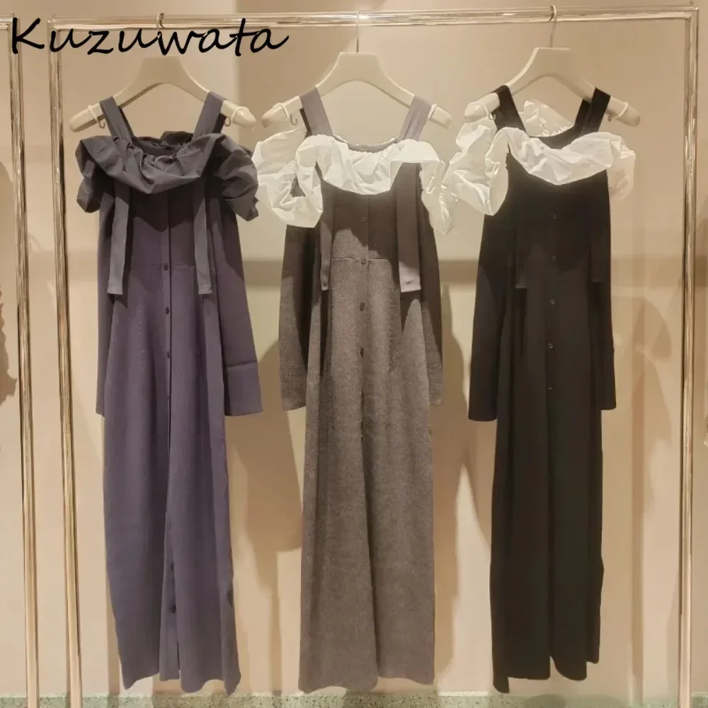 Kuzuwata Sweet Slash Neck Long Sleeve Off Shoulder Dress Ruffles High Waist Patchwork Slim Robe Japan Mid-length Sling Vestidos