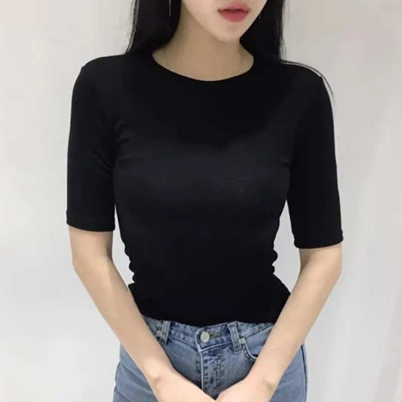 2025 Spring Summer New Half Sleeve T-Shirt Women Solid Simple Casual Tshirts All-Match Hot Basic Tees Elastic Korean Fashion Top
