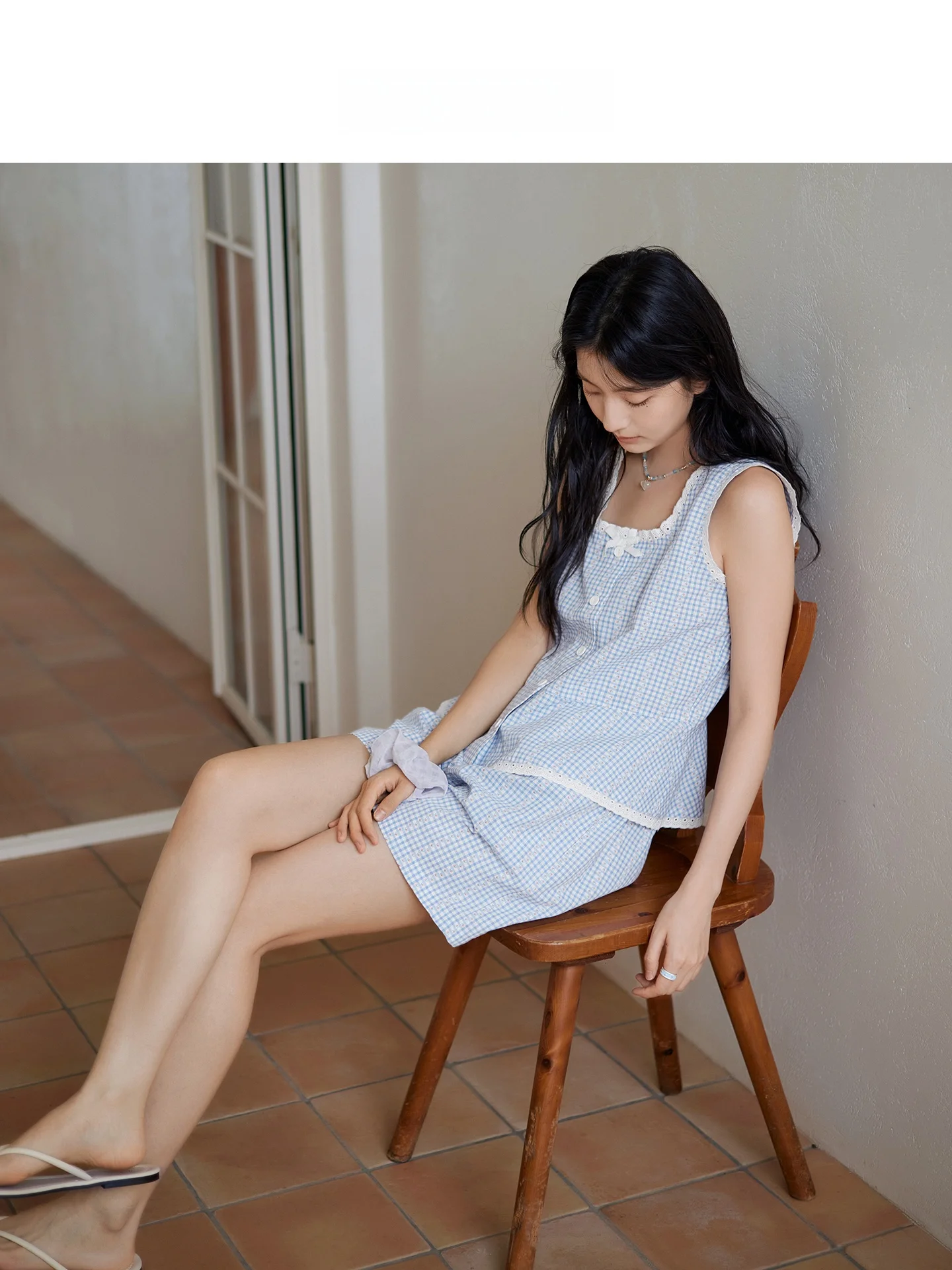 baiyan-blue-plaid-summer-sleepwear-women's-cool-feeling-sleeveless-shorts-home-clothes-sweet-girl-can-wear-outdoors-set