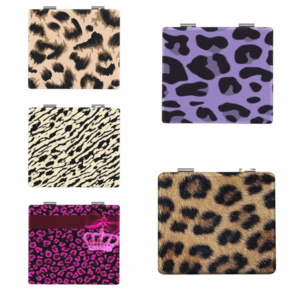 Portable Leopard Print Makeup Mirror Folding Square Pocket Mirror Double-Sided Mini Cosmetics Mirror