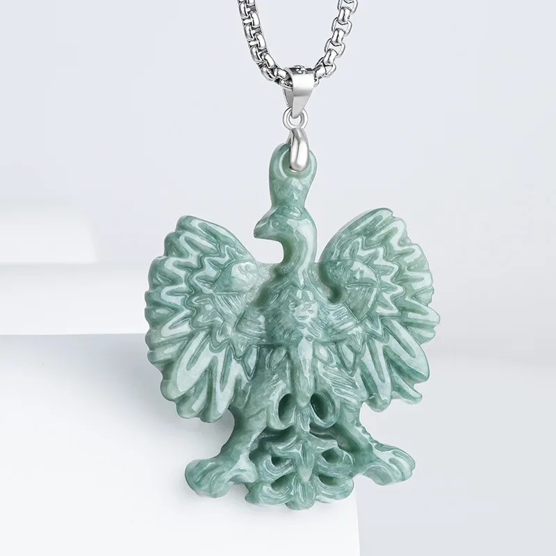 Natürliche burmesische Smaragd Adler der Freiheit Jade Anhänger 925 Silber Halskette geschnitzt Mode Charme Schmuck Amulett Geschenk für Frauen Männer