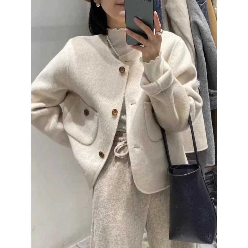 Greytweed Style Woolen Overcoat Women's Autumn/Winter Cropped Petite Elegant Design Sensibility Niche Jacket Crew Neck Regular F