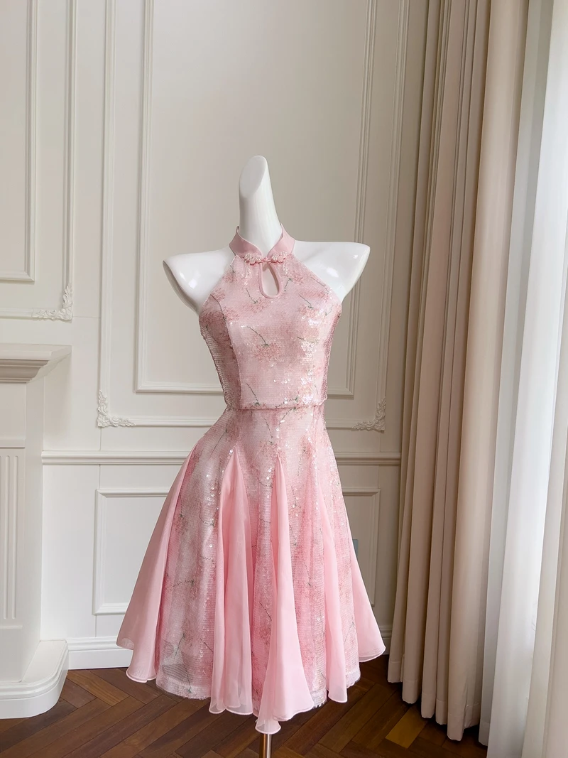 

Ретро китайский тренд High-Quali Sensation Ele Розовый воротник с блестками Qipao Dr для молодых женщин или юбка трапециевидной формы