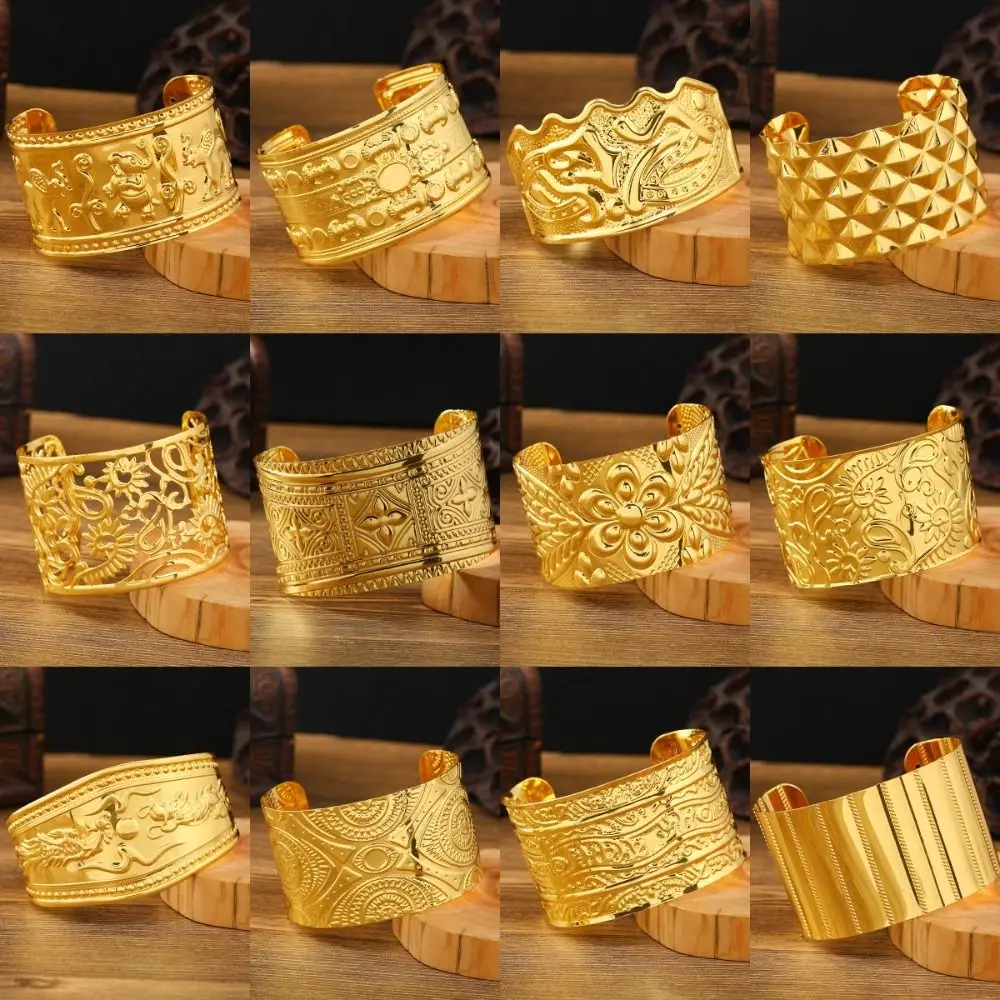 Dunhuang Golden Wide Bracelet Ethnic Vintage Dai Style Bracelet Jewelry Ancient Bohemian Bangles The Water-Sprinkling Festival