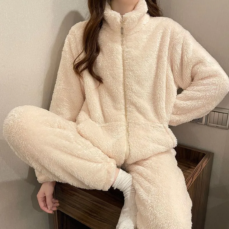 Coral Fleece Pajamas Women's Thickening Type Solid Color Simple Flannel Zipper Two-piece Comfort Warm Soft Wintertime New Style