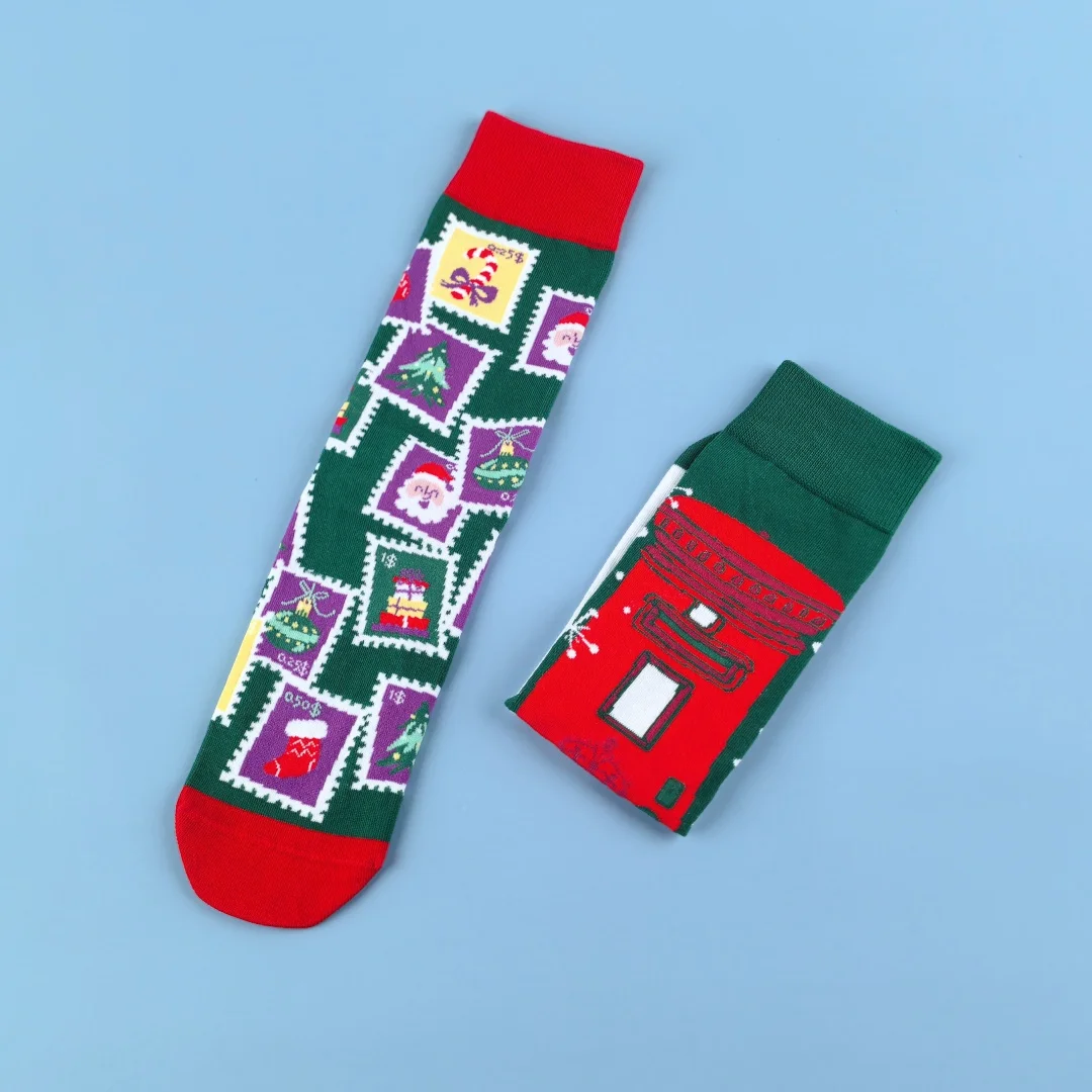 1 paar kerstzegels en vintage brievenbussen, kerstzegels en vintage Ma halfhoge sokken voor unisex, feestelijke thema-outfits