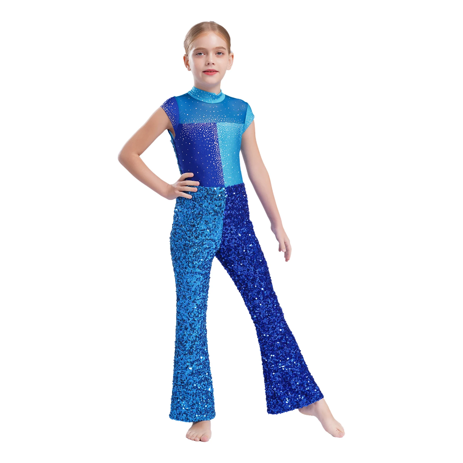 Abbigliamento da strada per ragazze Paillettes Dancewear Costume da ballo jazz Bambini Tuta scintillante Tuta a blocchi di colore Bambini Streetwear