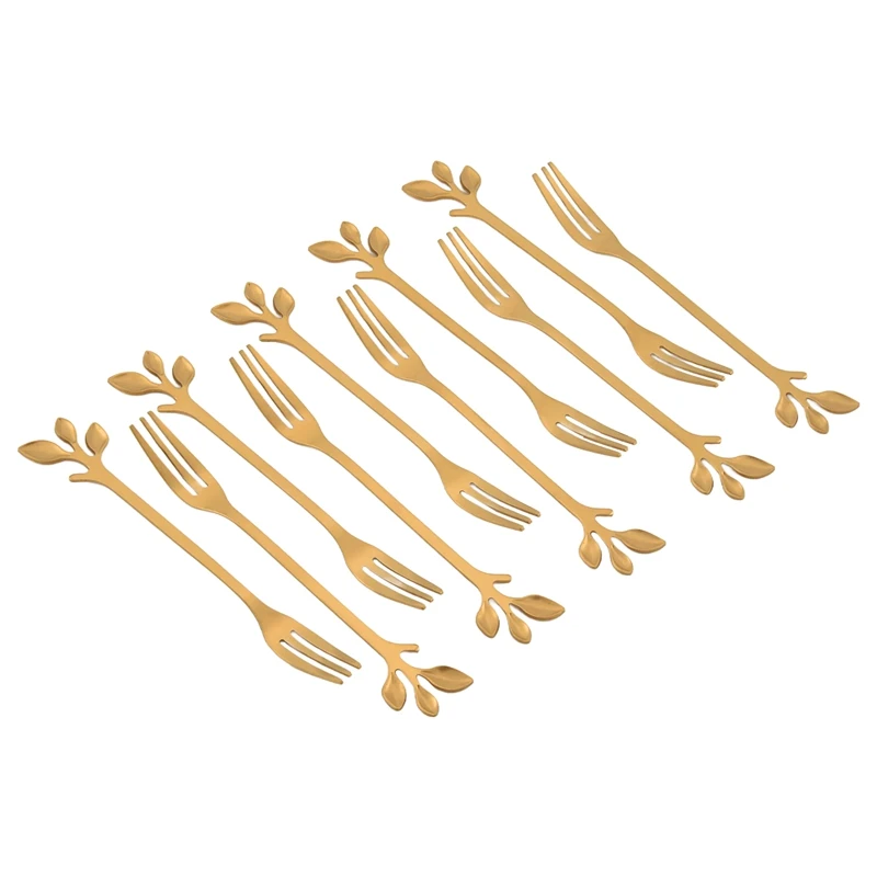 Dessert Forks 10 Pcs Stainless Steel Leaf Cake Fruit Forks Set Tasting Dessert Forks Kitchen Accessory Wedding Golden