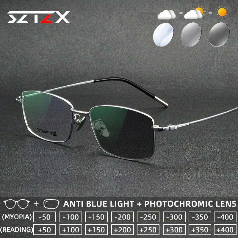 

SZTZX Ultralight Retro Titanium Photochromic Reading Glasses Blue Light Blocking Myopia Glasses Progressive Prescription Eyewear