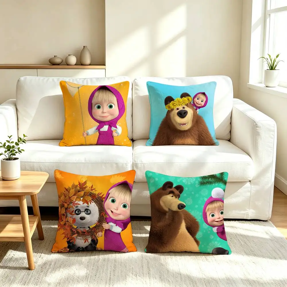 M-Masha and The Bear Russian Cartoon  Pillow Case Square Double-Sided Sofa Cushion Cover Bedroom Bedside Pillow