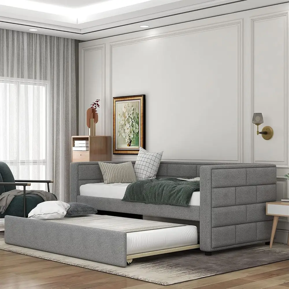 

Gray Twin Size Upholstered Daybed with Padded Back and Twin Trundle Bed